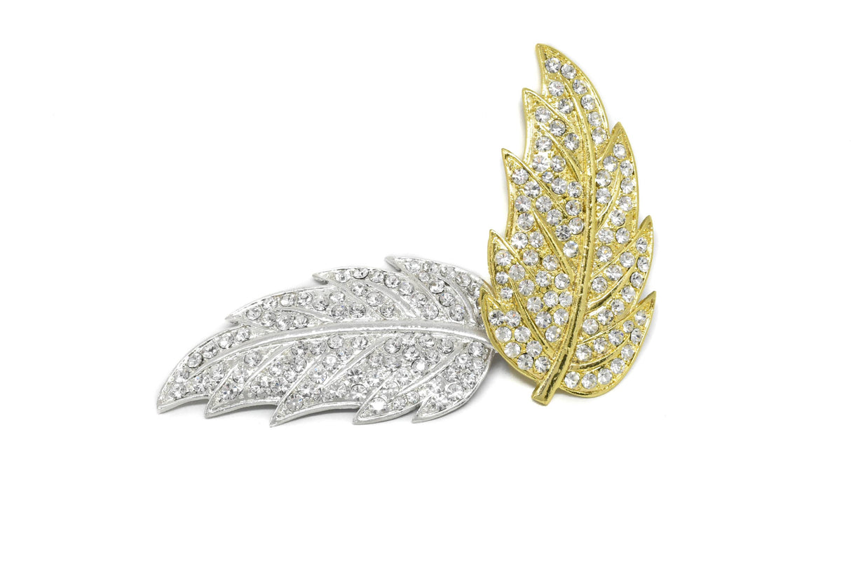 Feather Rhinestone Brooch Gold Silver
