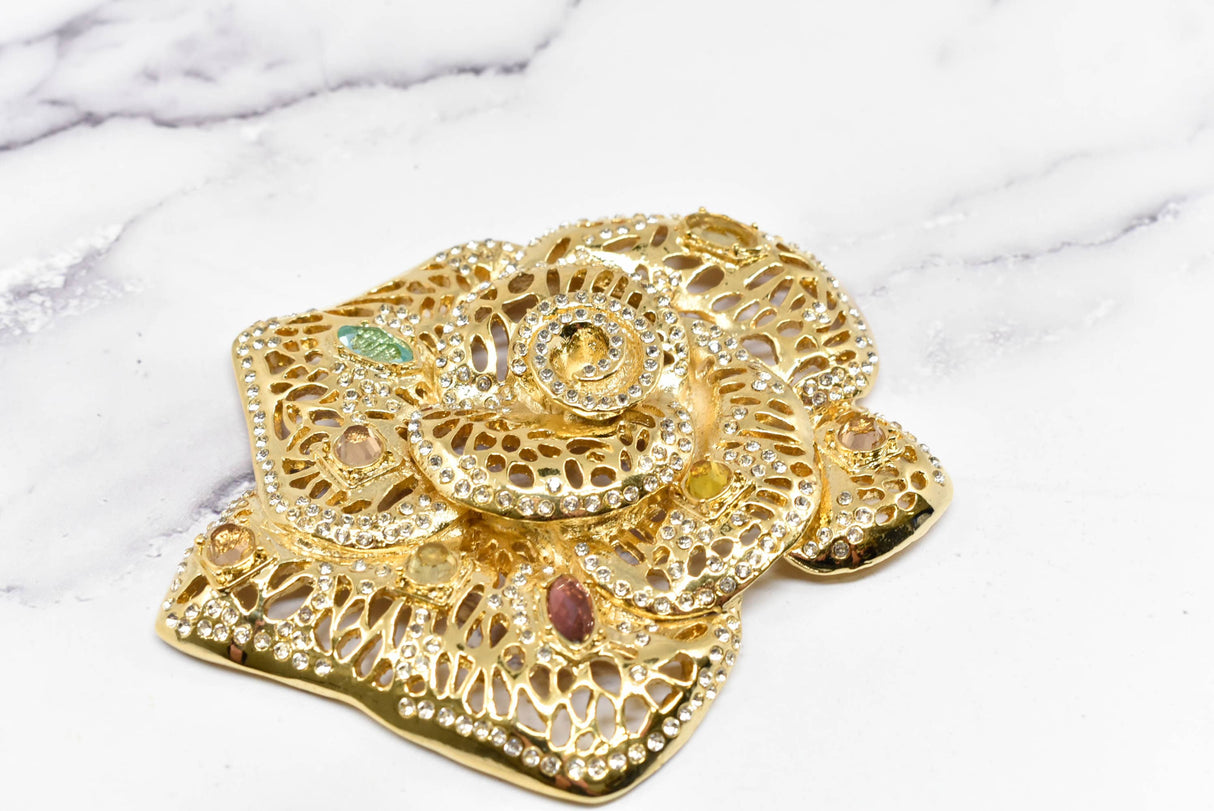 Rhinestone Rose Buckle Applique Gold Metal