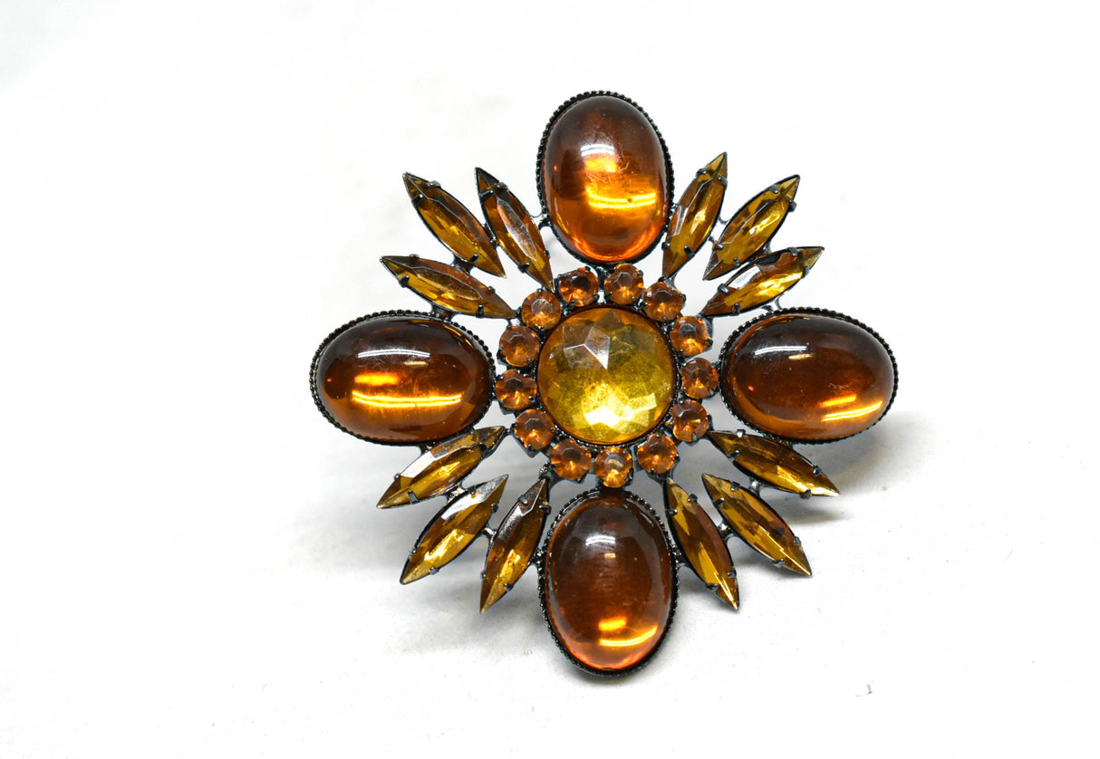 Rhinestone Brooch Orange Floral 2.50"