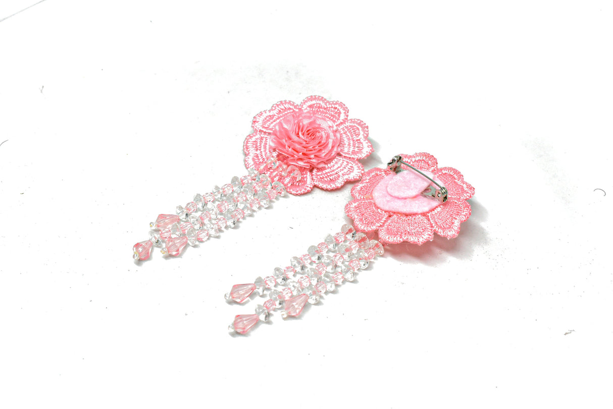 Flower Applique Pink Beaded Pin Back 2 x 4