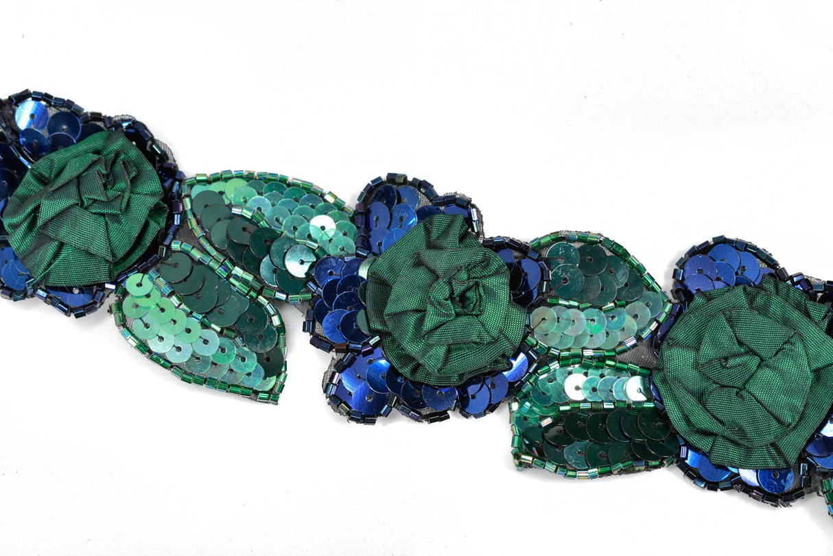 Beaded Sequins Flower Applique Green 2.25"