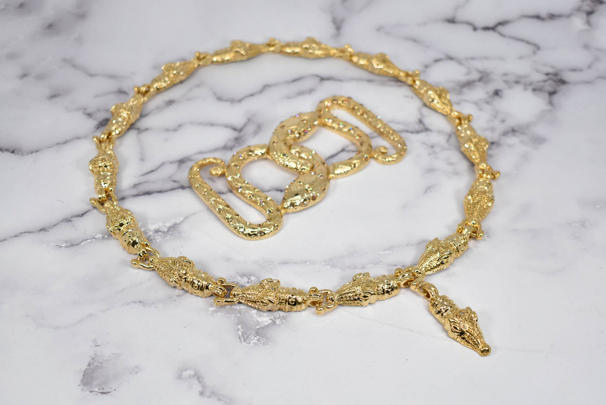 Rhinestone Alligator Necklace Buckle Set Gold