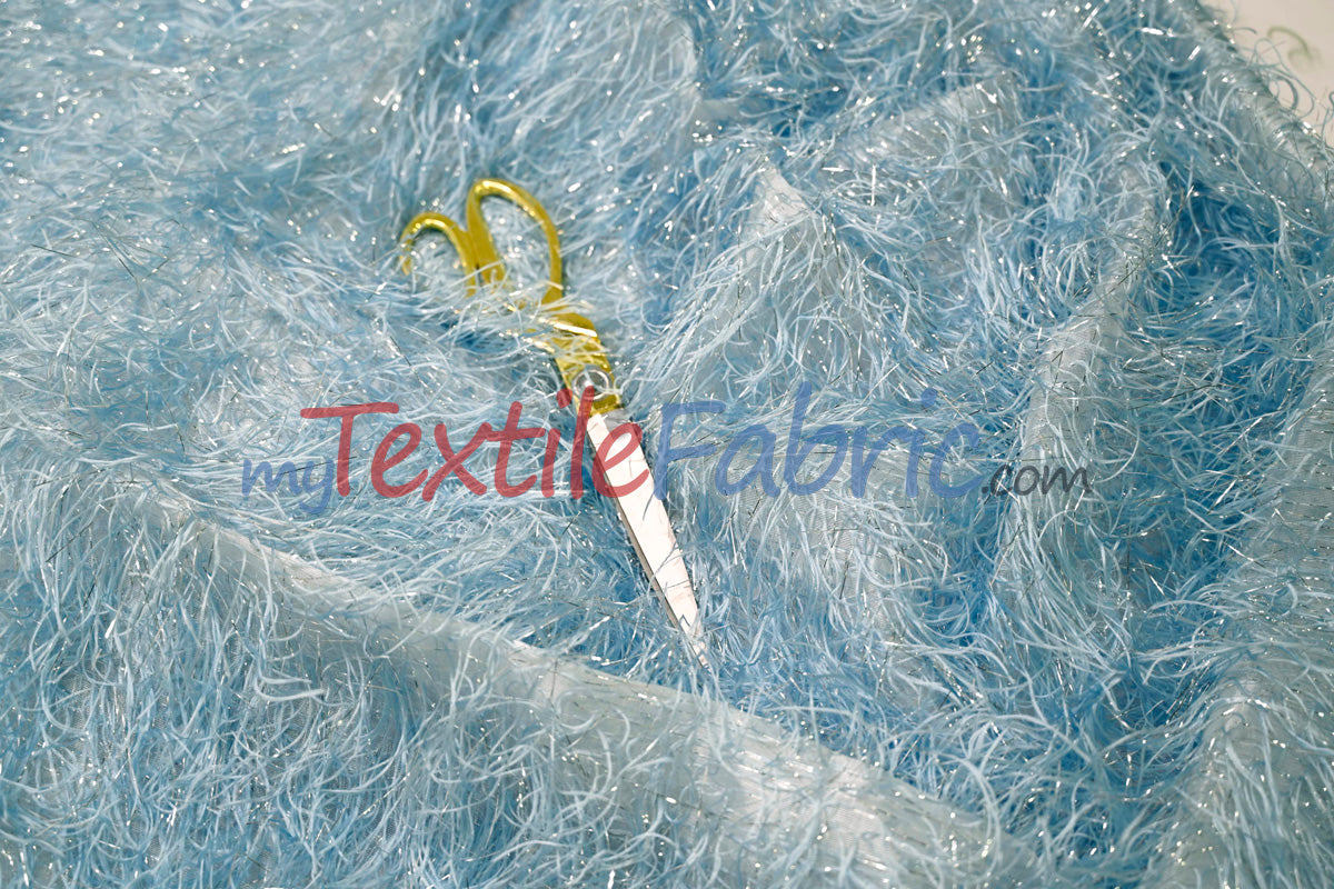 Baby Blue Shaggy Brocade Metallic Eyelash Lame Fabric - Baby Blue Shaggy Brocade, 56/57" Width (1 Yard)