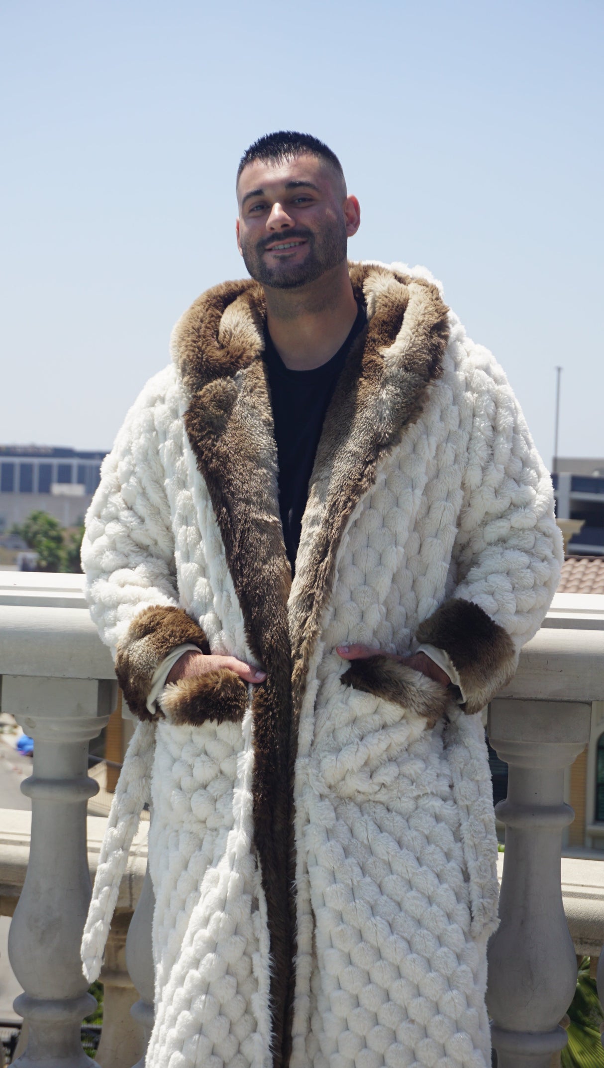 Winter Luxurious Offwhite Faux Fur Fabric - Off-White, Hooded Robe, Long Sleeve, Two Pockets (1 Piece)