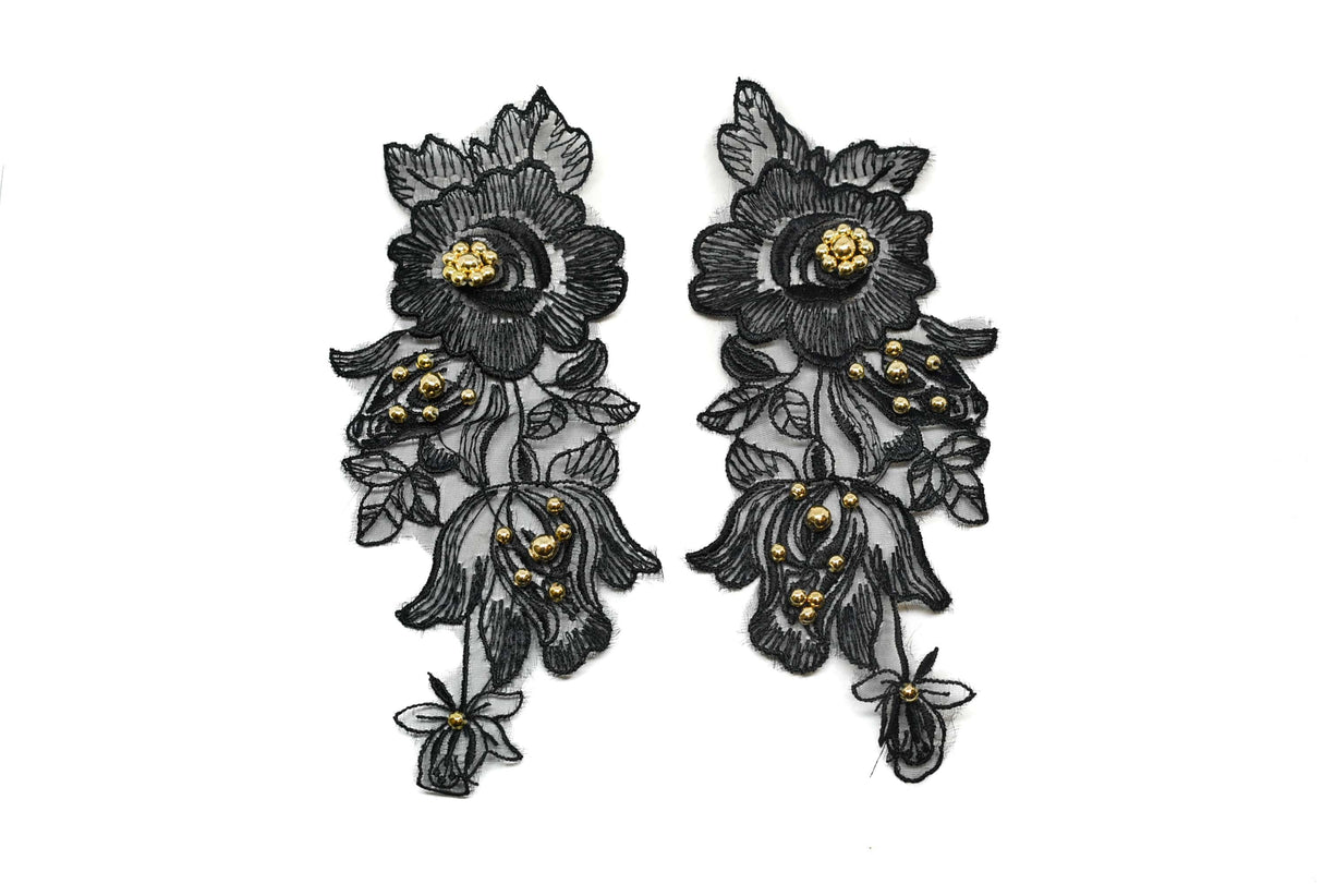 Embroidered Organza Floral Applique Black Pair