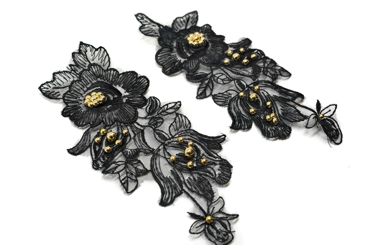 Embroidered Organza Floral Applique Black Pair