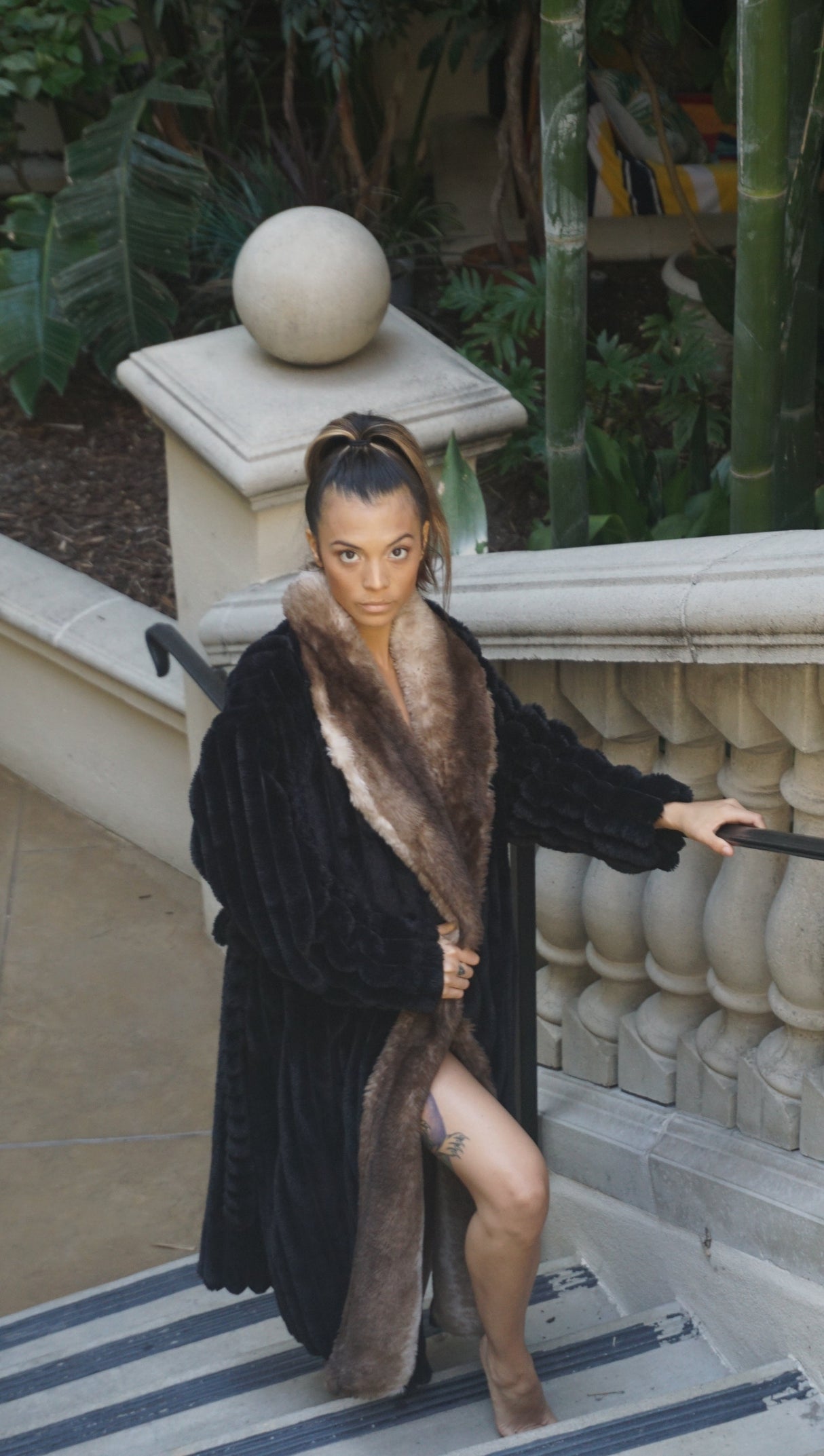 Faux Fur Long Sleeve Robe Coat Black - Plush Black Faux Fur Fabric, Long Sleeve, 100 Percent Polyester (1 Piece)