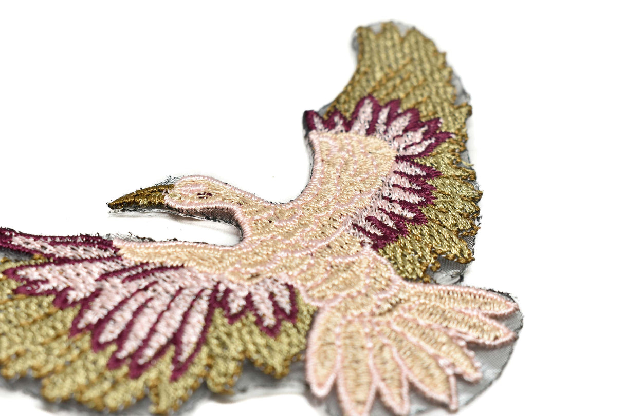 Embroidered Bird Iron-On Patch Pink Gold