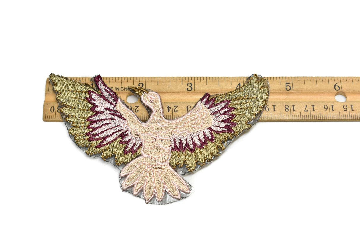 Embroidered Bird Iron-On Patch Pink Gold