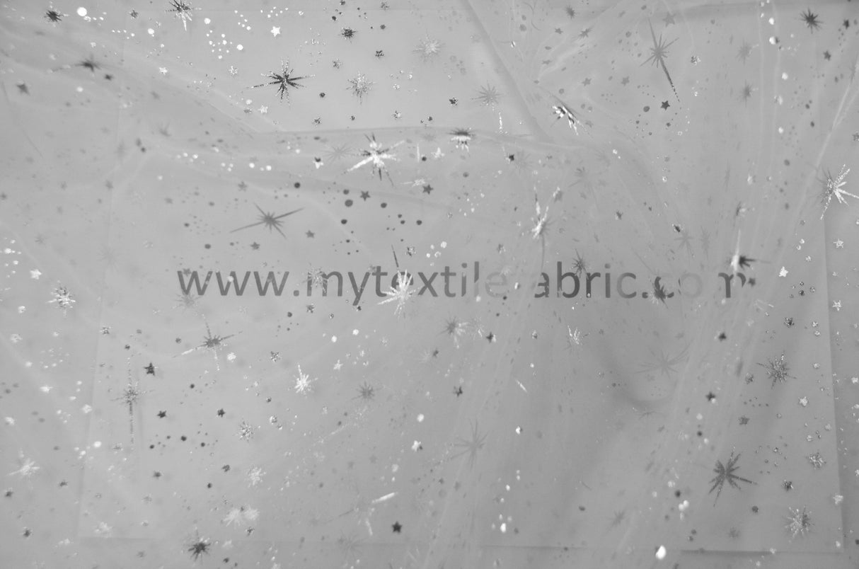 Shooting Star Foil Organza Polyester Fabric - Sheer Silver Metallic Star, 58/60" Width (1 Yard)