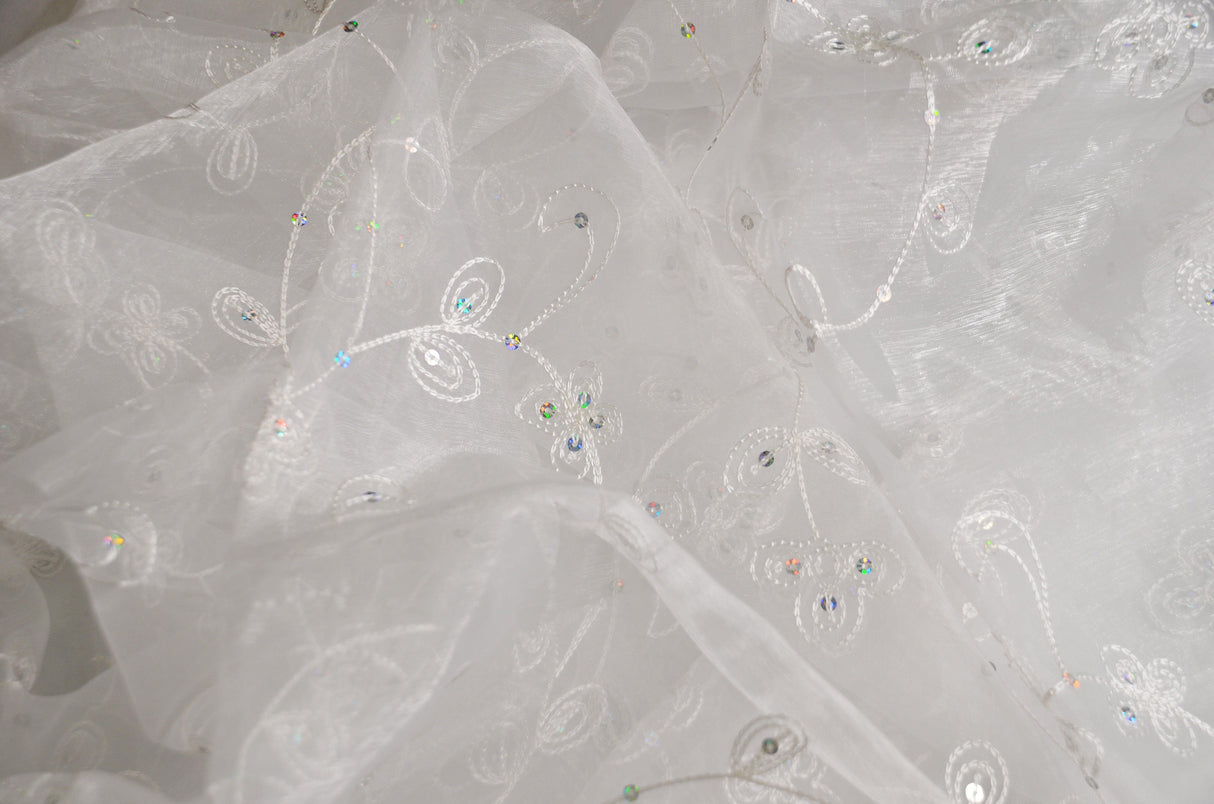 Dahlia Organza Embroidery Polyester Fabric - Embroidered Floral Sheer With Sequins Embellishment, 54" Width (1 Yard)