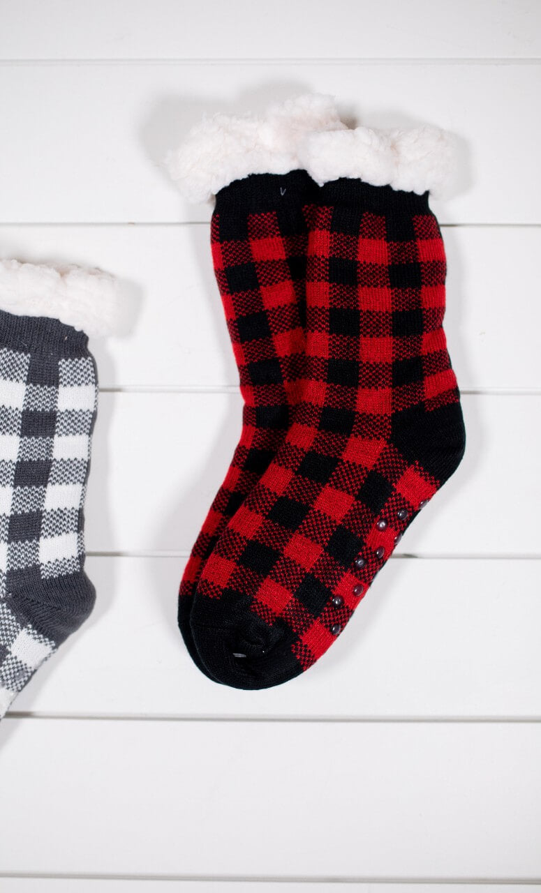 Buffalo Plaid Thermal Slipper Socks with Non-Slip Grippers