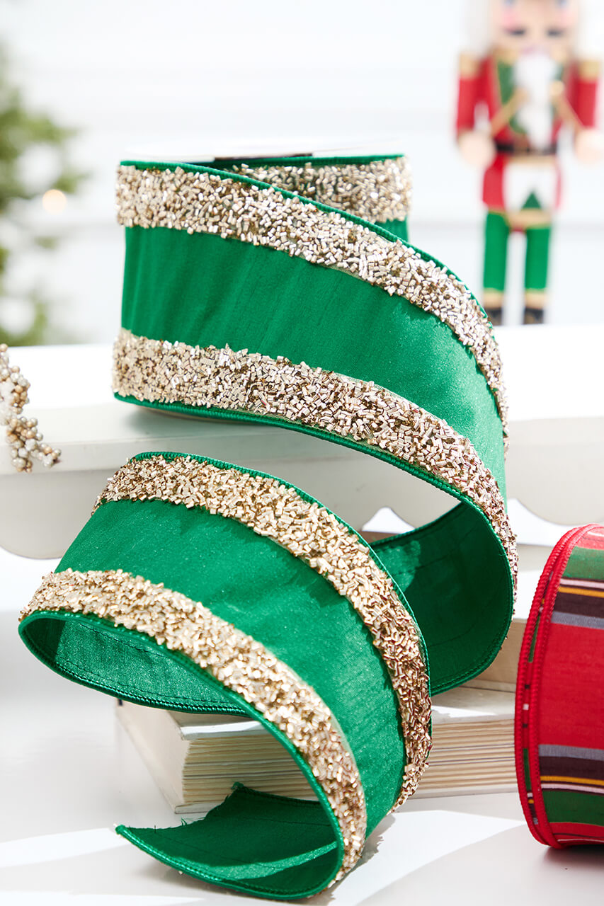 4" x 5 Yard Green Dupioni with Champagne Edged Ribbon