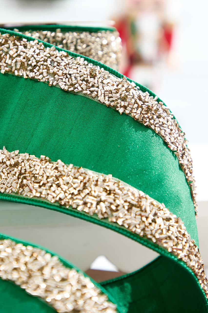 4" x 5 Yard Green Dupioni with Champagne Edged Ribbon