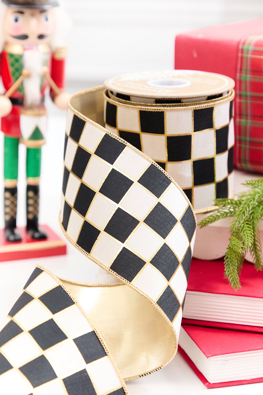 4" x 5 Yard Black & White Checkered Print with Gold Lame Backed Ribbon
