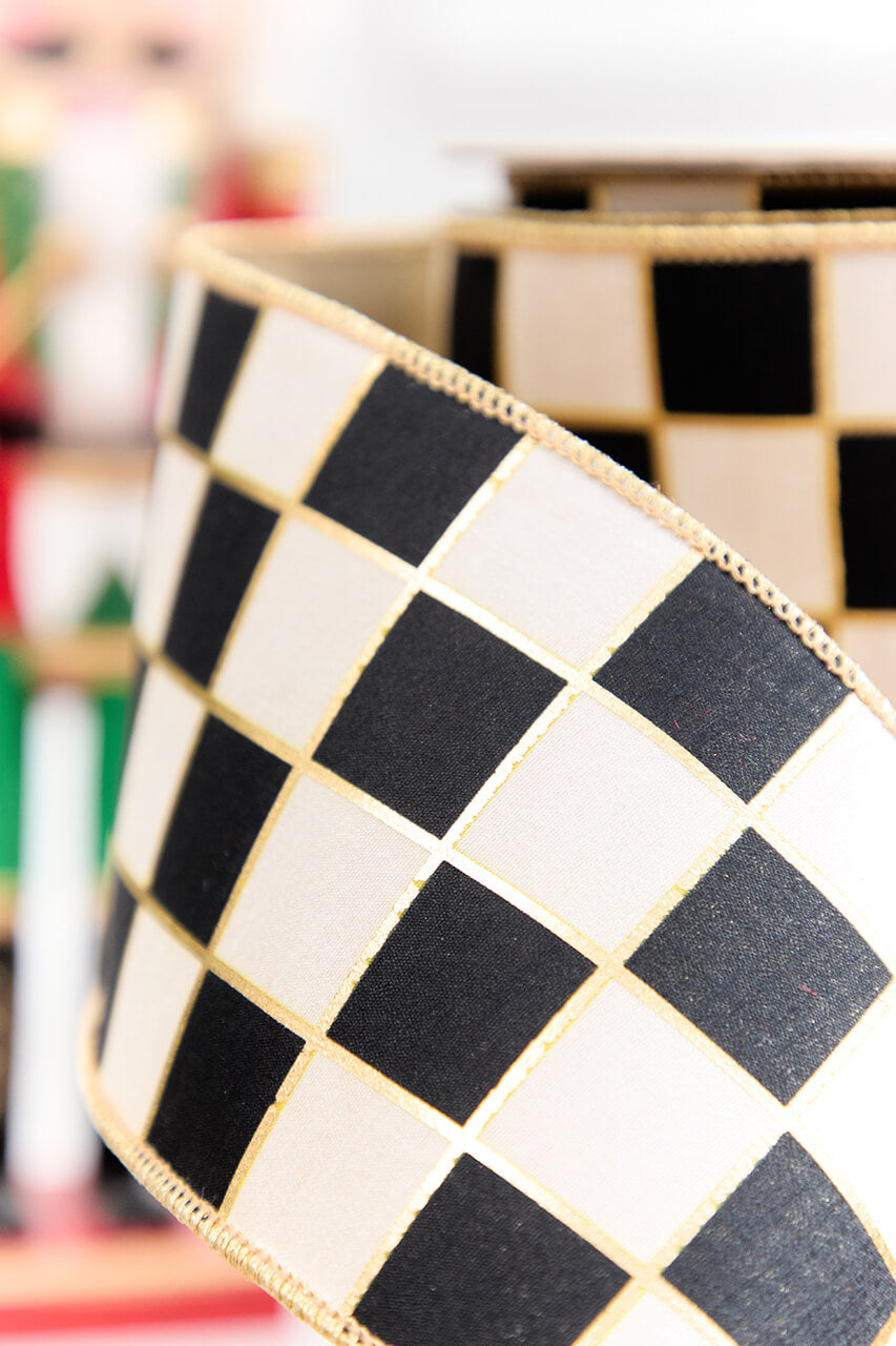 4" x 5 Yard Black & White Checkered Print with Gold Lame Backed Ribbon