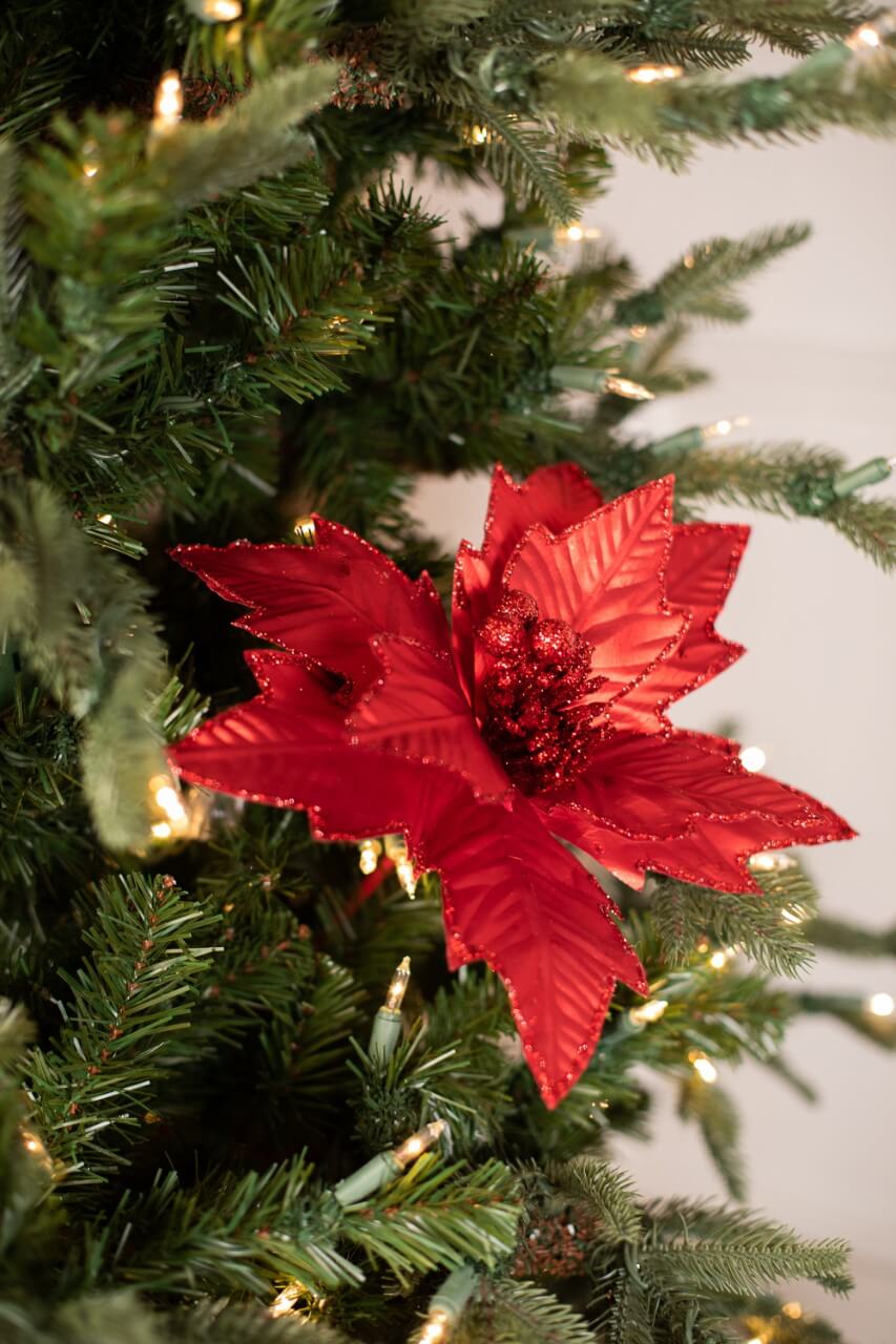 22” x 10.5" Red Metallic Glitter Edge Poinsettia Stem