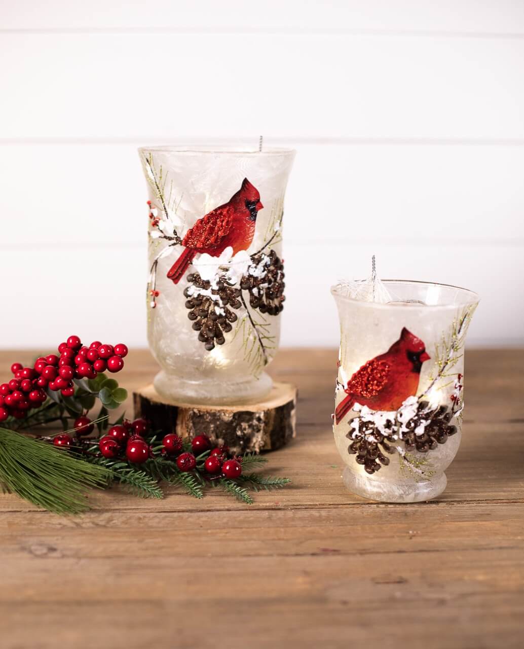 8” Glass Cardinal Pinecone Vase