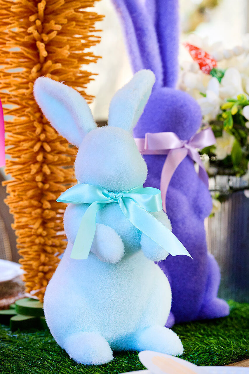 11" Flocked Easter Bunny Spring Decor with Soft Fuzzy Finish and Bow Accent