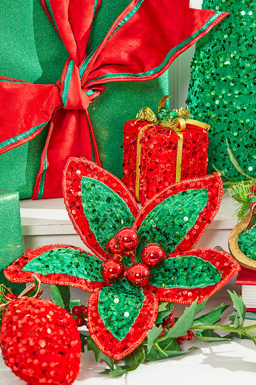 22" Red Green Sequin Poinsettia Stem