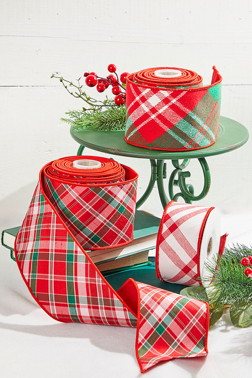 2.5 Inchi x 5 Yard Red/White Plaid Taffeta Back Ribbon Festive Wired Holiday Craft Ribbon