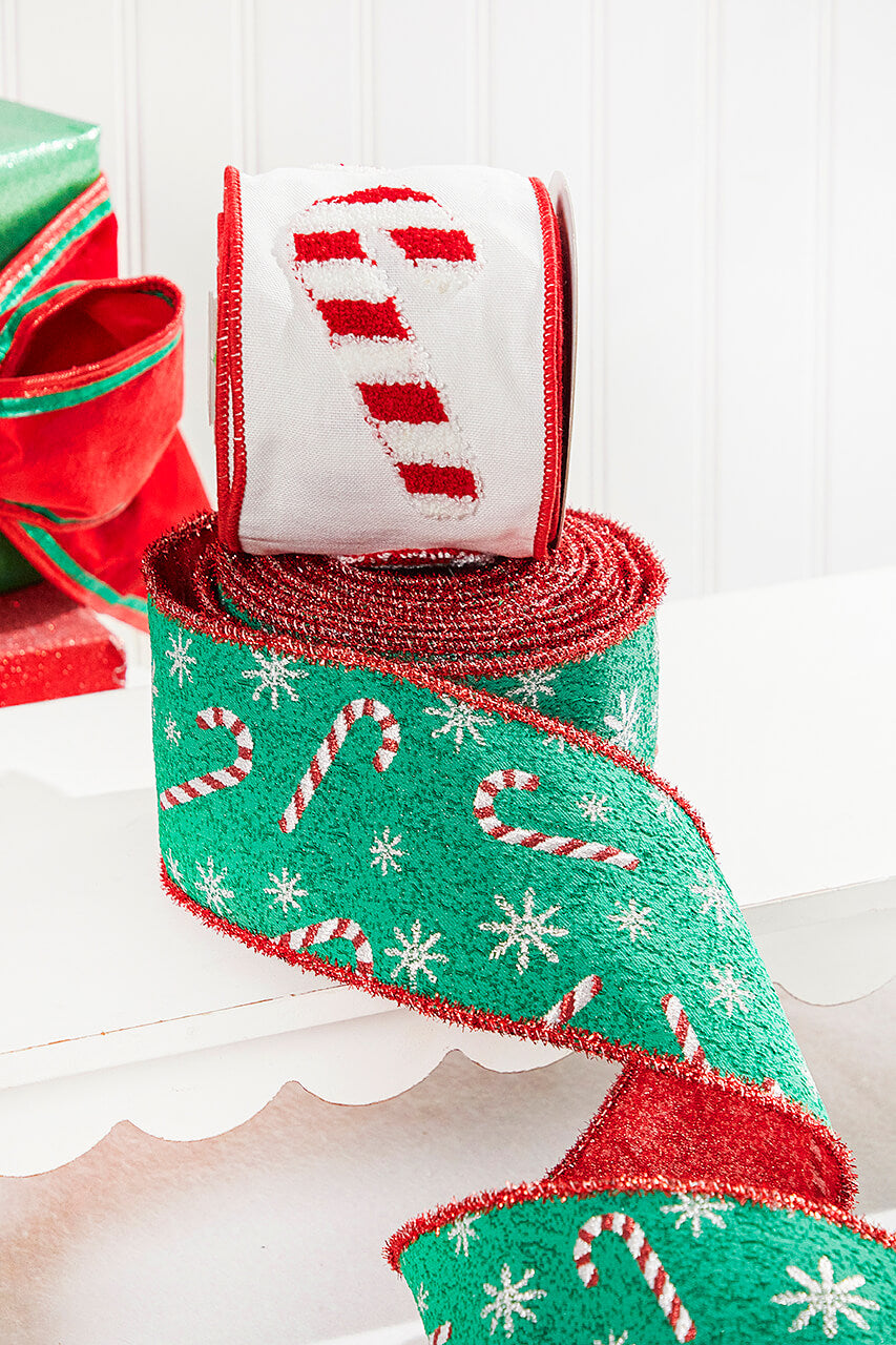 4" x 10 Yard Green/Red Candy Cane Jacquard Ribbon