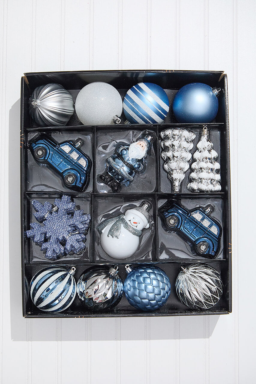 Christmas Shatterproof 25 Piece Assortment - Silver, Blue