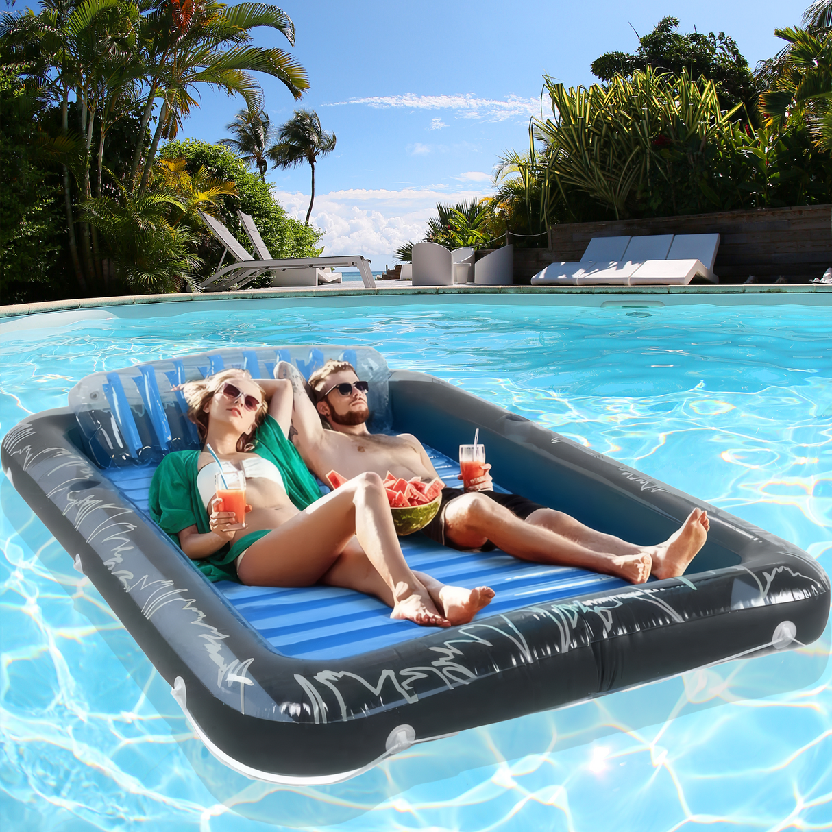 Inflatable Adult Sun Lounger Float 80 x 58 Inch Pool & Lake Air Mattress with Pillow, Dual Cup Holders, Heavy Duty Floating Raft for Beach, Pool & Summer Water Parties