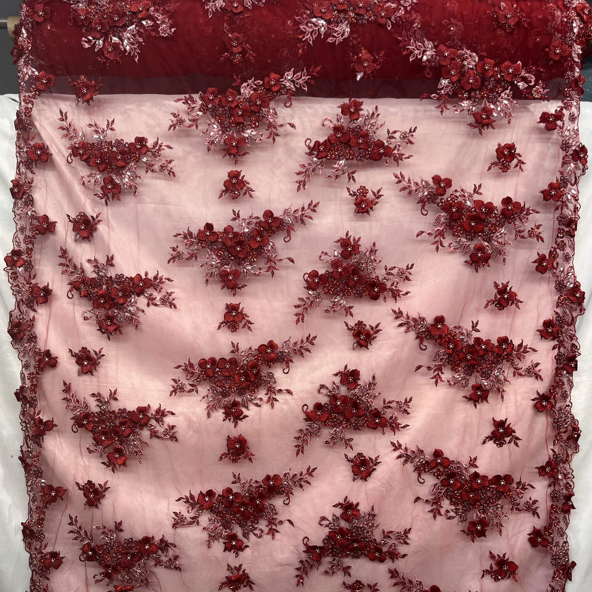 3D Beaded Floral Lace Mesh Fabric