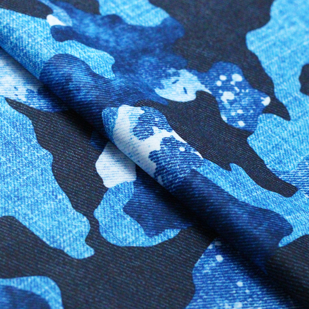 Denim Camo Blue Poly Spandex Fabric - Blue Camouflage Print, 58-60" Width (1 Yard)