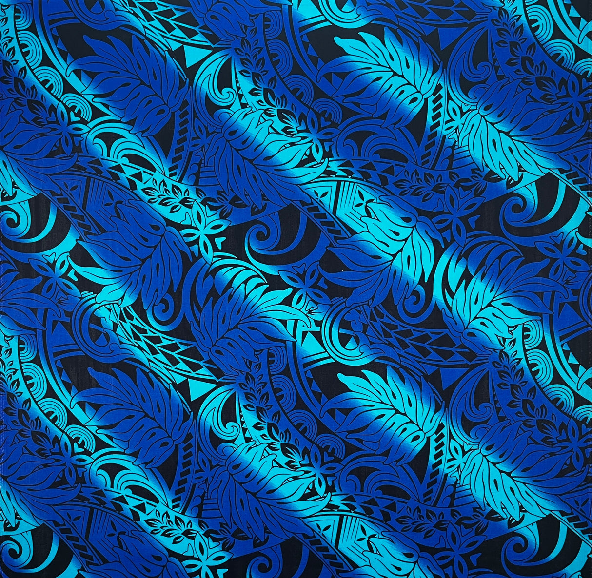 Diagonal Traditional Tattoo Gradient Design With Tropical Leaves Rayon Poplin Fabric - Yellow/Fuchsia, Blue/Magenta, Light Pink/Red, Cream/Pink, Green/Blue, Light Blue/Blue, 45" Width (1 Yard)