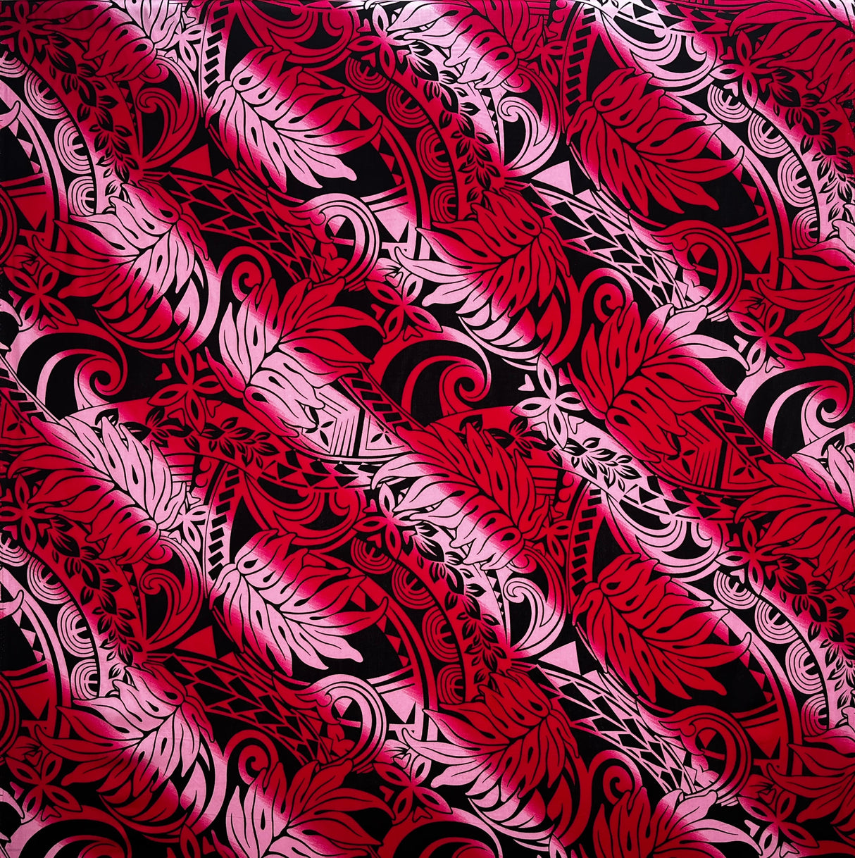 Diagonal Traditional Tattoo Gradient Design With Tropical Leaves Rayon Poplin Fabric - Yellow/Fuchsia, Blue/Magenta, Light Pink/Red, Cream/Pink, Green/Blue, Light Blue/Blue, 45" Width (1 Yard)