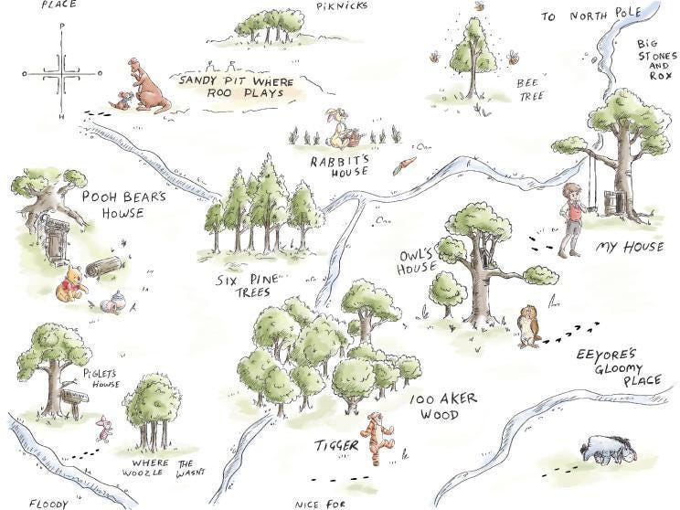 Quilting Cotton Disney Winnie the Pooh Map on White