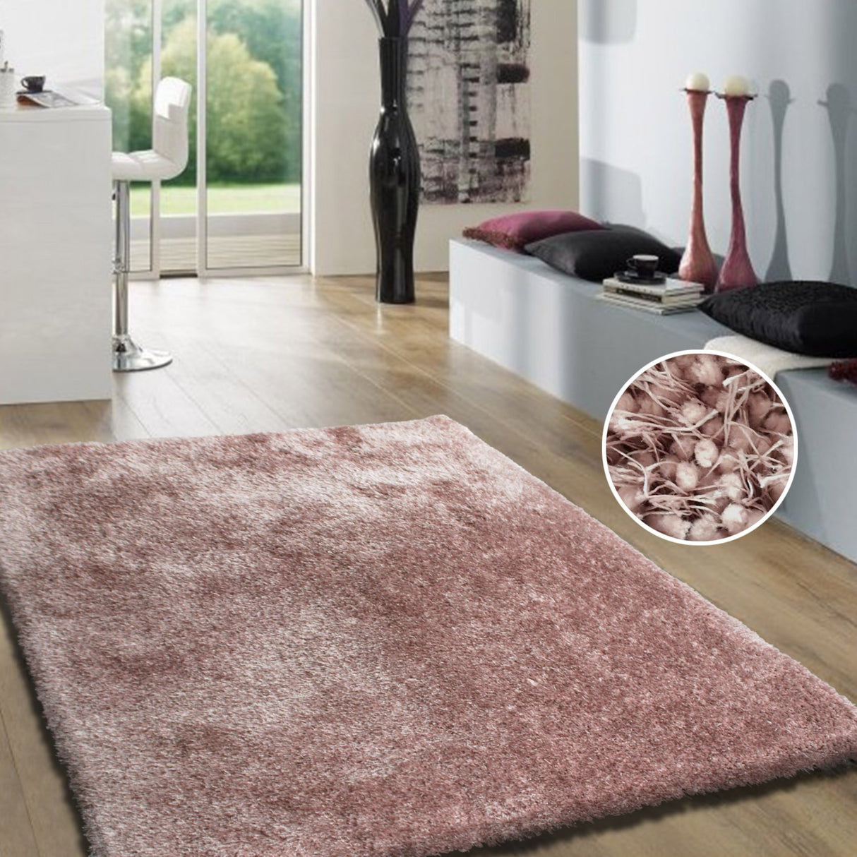 Pale Or Dusty Pink Polyester Shag Fabric - Solid Plush Fluffy Shine, Thick And Thin Yarns Design, 7'6" X 10'3", 5' X 7' (1 Unit)