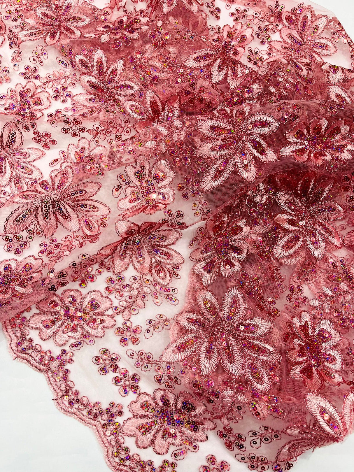 Metallic Floral Lace Design Embroidered Polyester Fabric - Floral Lace, 54" Width (1 Yard)