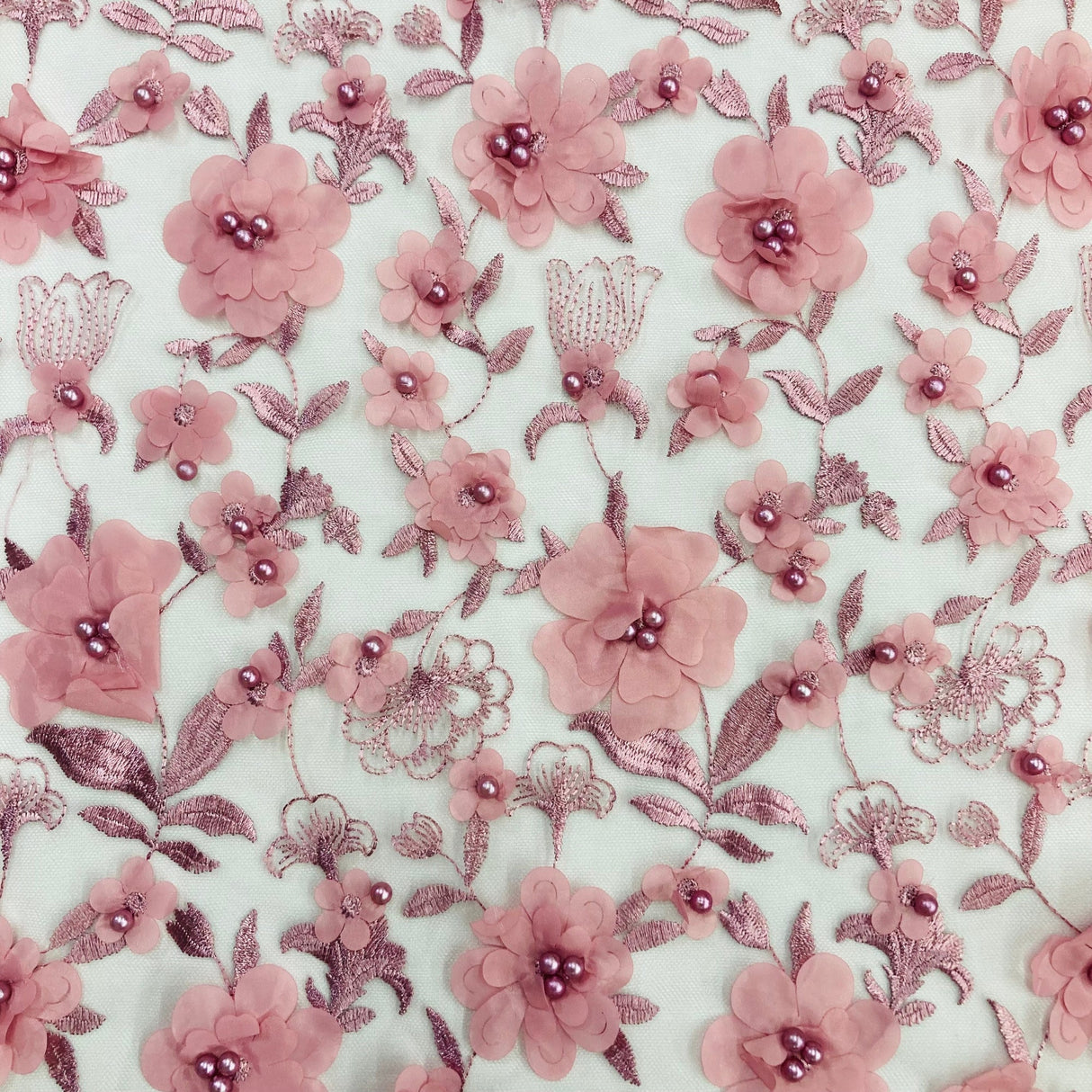 Beaded 3D Floral Lace Fabric - 100 Percent Polyester Lace Fabric, 3D Floral Embroidery, 49" Width, 9 Colors (1 Yard)
