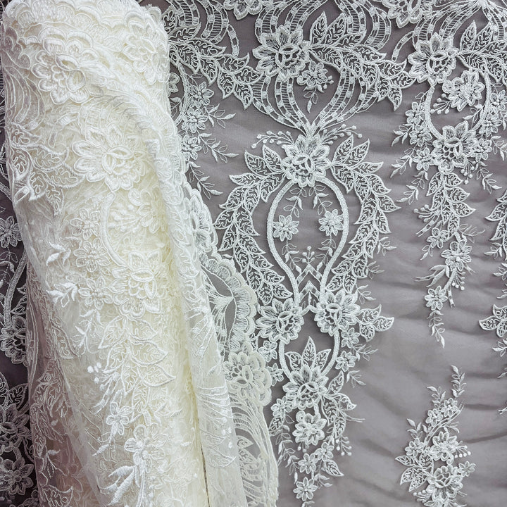 1 Yard Premium Corded Bridal Lace Fabric Embroidered on 100% Polyester Net Mesh White