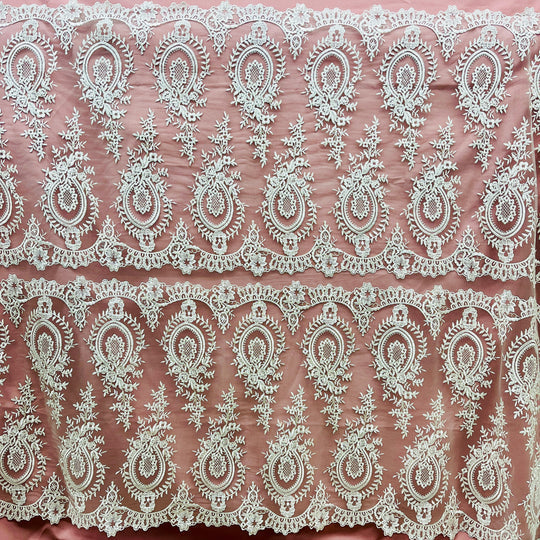 1 Yard Elegant Corded Bridal Lace Fabric Embroidered on Polyester Net Mesh