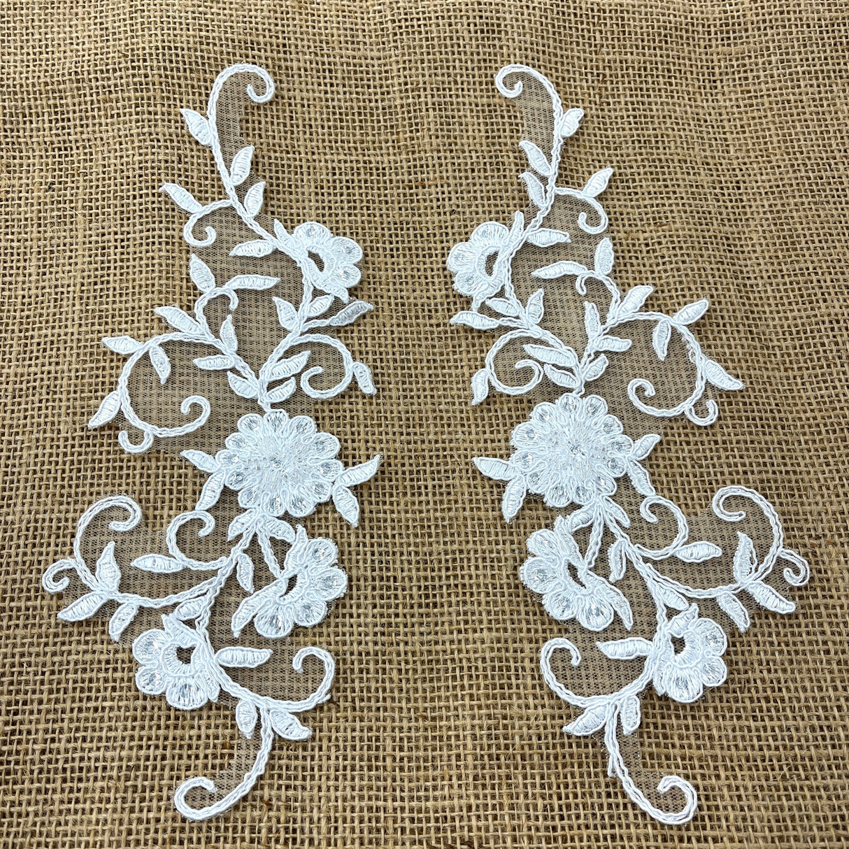 Beaded Corded Floral Lace Applique Embroidered Polyester Fabric - Floral, 9.5" X 2" (1 Pair)
