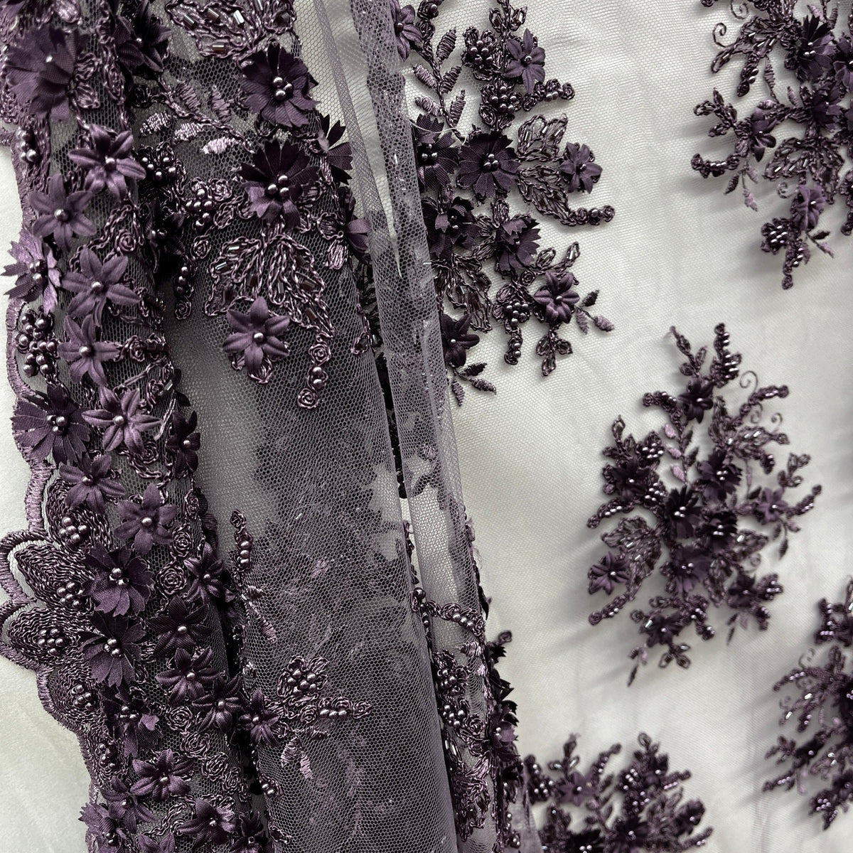 1 Yard Beaded 3D Floral Lace Fabric Embroidered on 100% Polyester Net Mesh 50" Wide