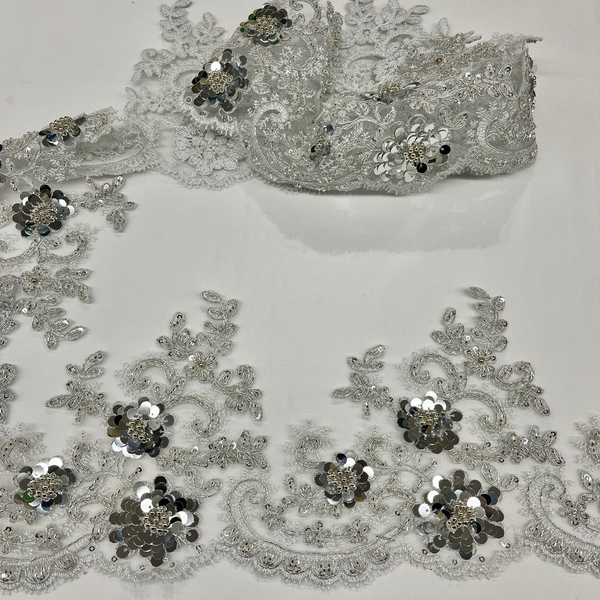 1 Yard Elegant Beaded & Corded Floral Lace Trimming on 100% Polyester Net Mesh