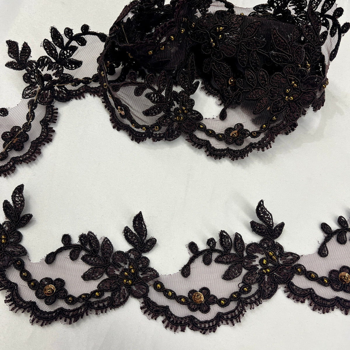 1 Yard Elegant Beaded & Corded Embroidered Lace Trim 100% Polyester Net Mesh, Style 96665W-BP