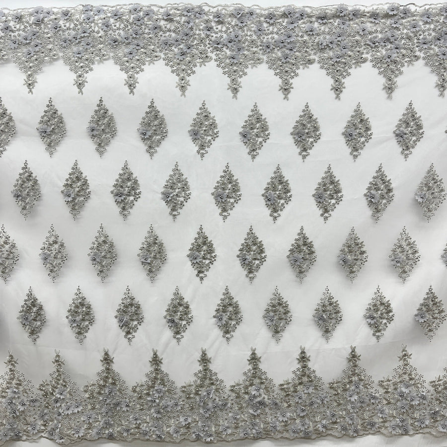 1 Yard - Beaded 3D Floral Lace Fabric Embroidered on 100% Polyester Net Mesh - 52" Wide