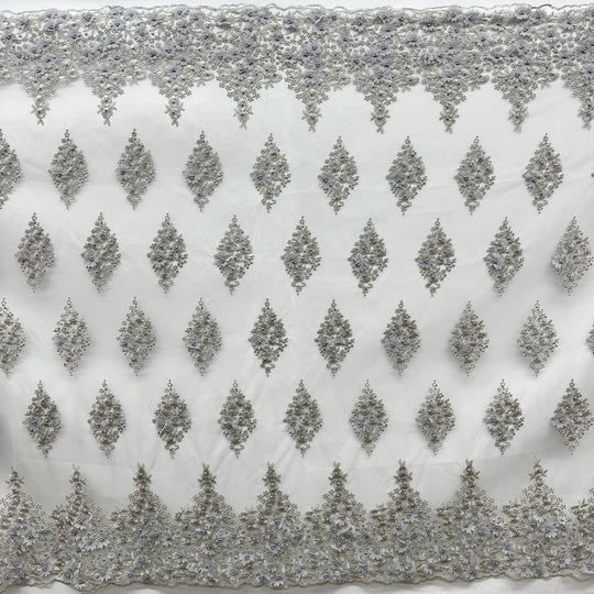 1 Yard Beaded 3D Floral Lace Fabric Embroidered on Polyester Net Mesh 52 inch Width