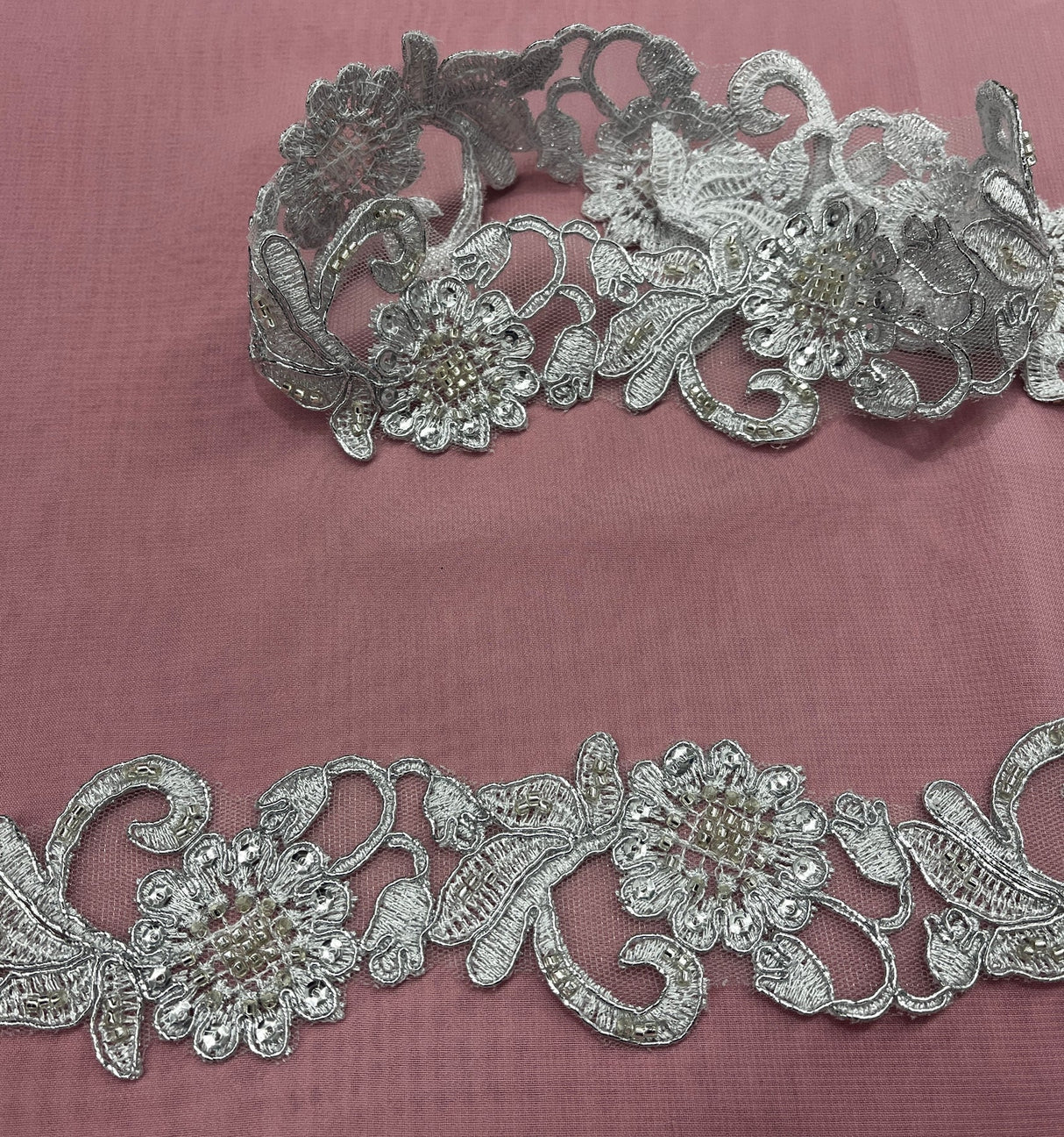 1 Yard Handmade Beaded & Corded Lace Trimming Embroidered on Polyester Organza 2 Inch Width