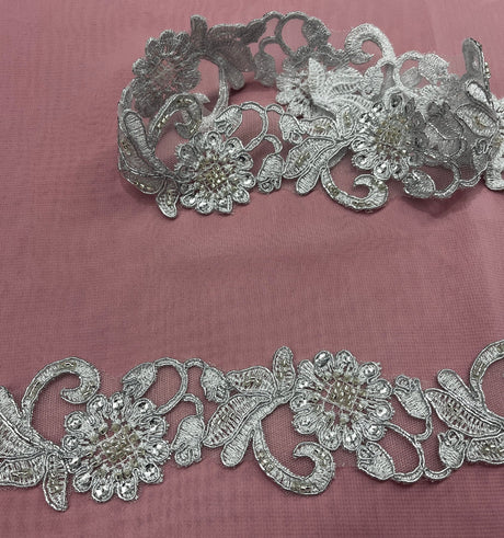 1 Yard Handmade Beaded & Corded Lace Trimming Embroidered on Polyester Organza 2 Inch Width