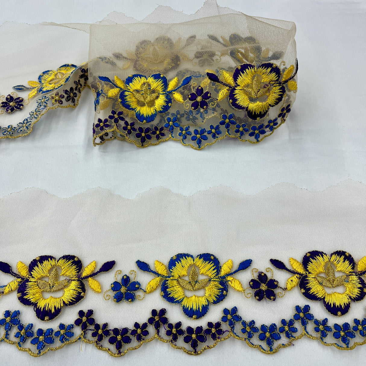 1 Yard Colorful Floral Lace Trimming on Net Mesh – 2.5" Wide | Handmade Embroidered Trim for Dresses & Costumes