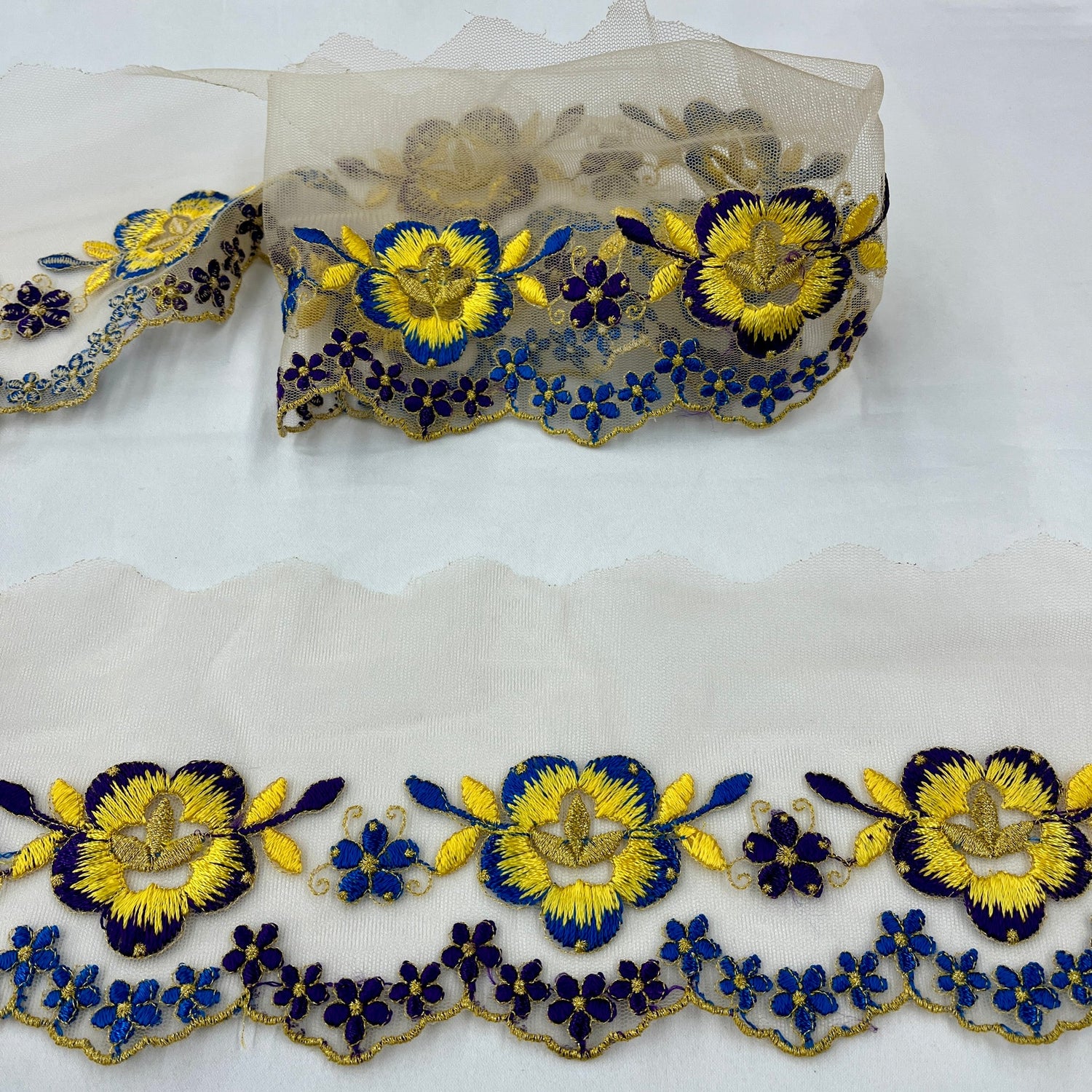 1 Yard Colorful Floral Lace Trimming on Net Mesh – 2.5" Wide | Handmade Embroidered Trim for Dresses & Costumes