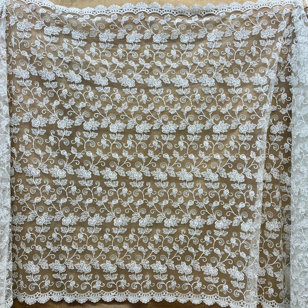 1 Yard Exquisite Ivory Silver Beaded Corded Bridal Lace Fabric on Net Mesh 52 inch Width