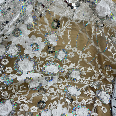 1 Yard Beaded Rhinestone 3D Floral Lace Fabric Embroidered 100 Percent Polyester Net Mesh 52 inch Width